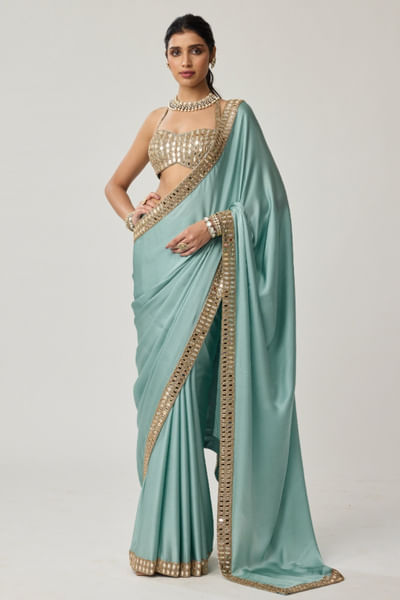 Powder blue mirror embroidered sari set