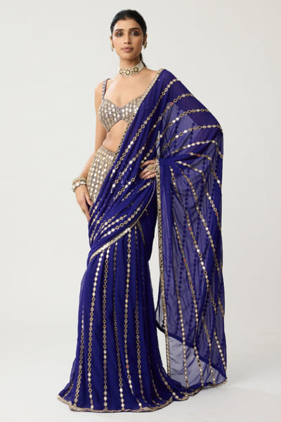 Persian blue mirror embroidery draped sari set