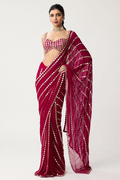 Ruby red mirror embroidered draped sari set