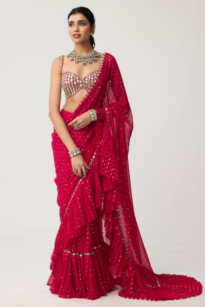 Crimson red sequin-mirror ruffled sari set