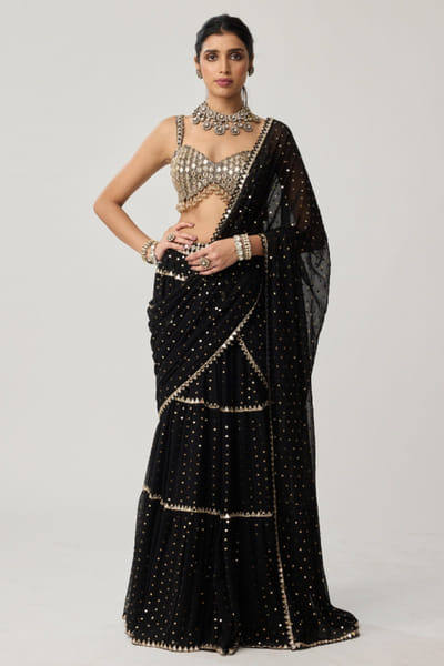 Black mirror-tiered draped sari set