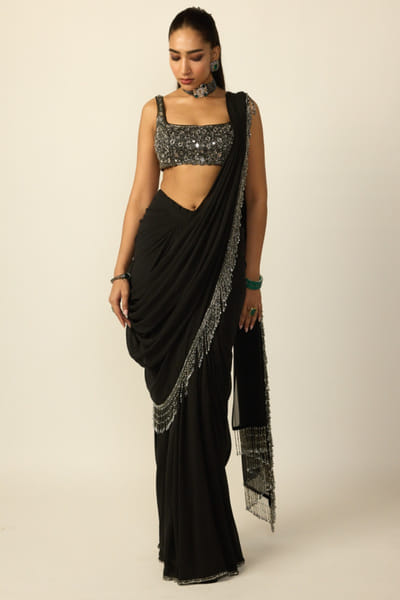 Black tasselled pre-draped sari