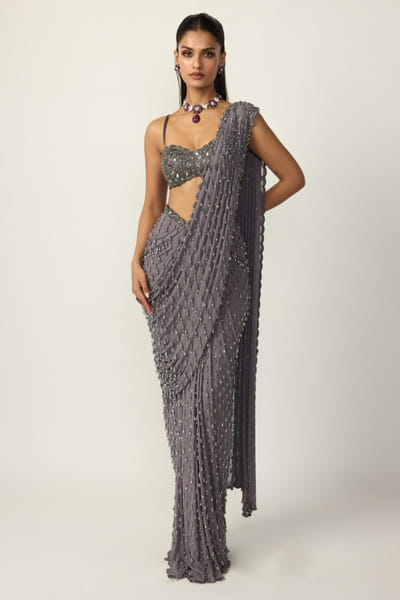 Metallic grey embroidered pre-draped sari set