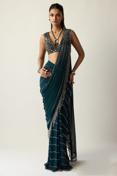 Dark teal embroidered pre-draped sari set