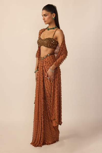 Metallic copper cutdana embroidered skirt set