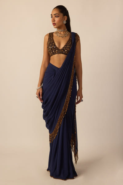Deep blue tassel pre-draped sari set