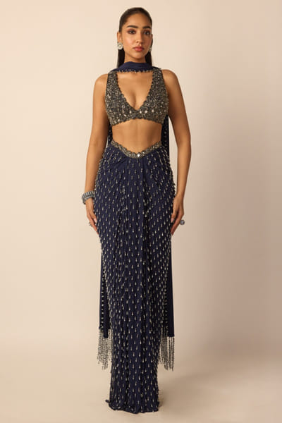 Deep blue bead embroidered skirt set