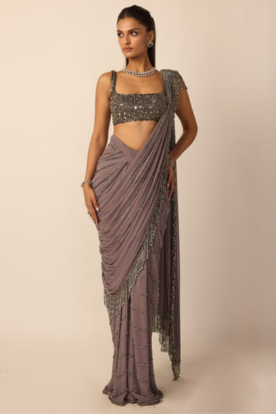 Metallic grey linear pre-draped sari set

