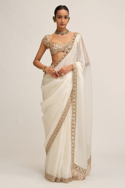 Vvani by Vani Vats Off-white cutwork border sari set VVANAUG26D154034