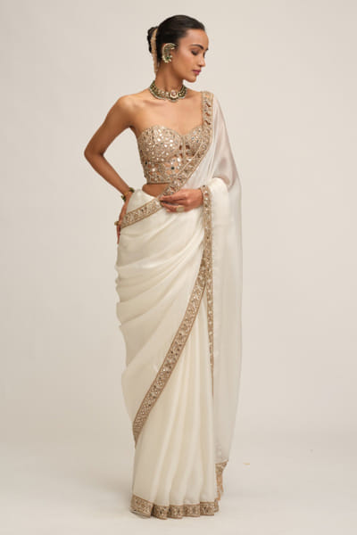 Vvani by Vani Vats Off-white satin cutwork border sari set VVANAUG26D154035