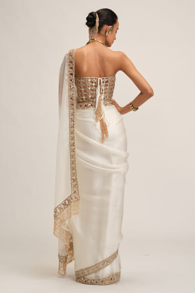 Vvani by Vani Vats Off-white satin cutwork border sari set VVANAUG26D154035