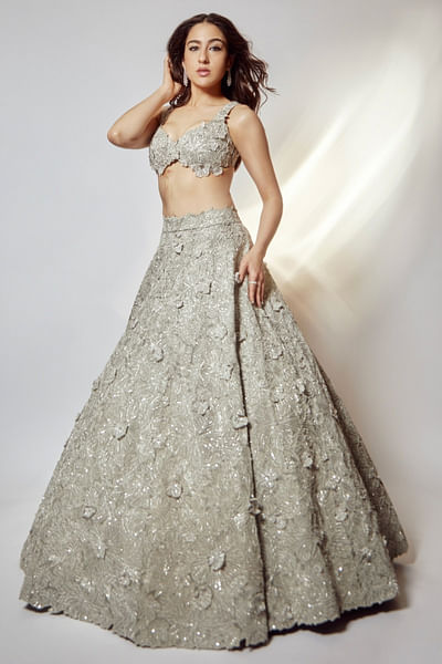 Pearl grey 3D floral embroidered lehenga set