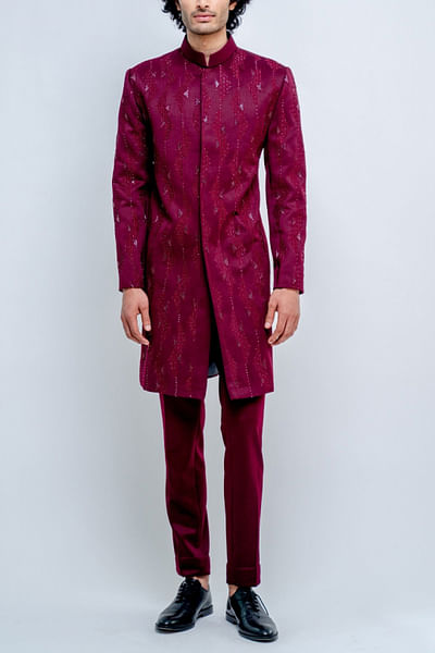 Plum geometric sherwani set