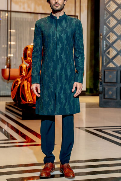 Emerald green abstract patterned sherwani set
