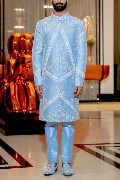 Powder blue floral sherwani set