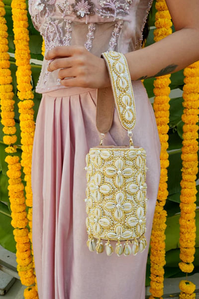 White bead and pearl embellished bucket bag