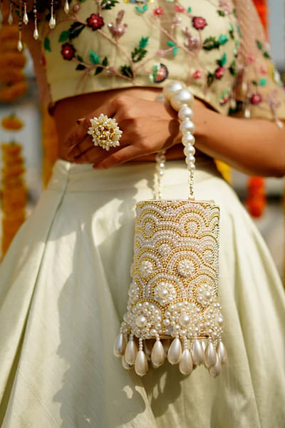 White pearl embellished bucket bag
