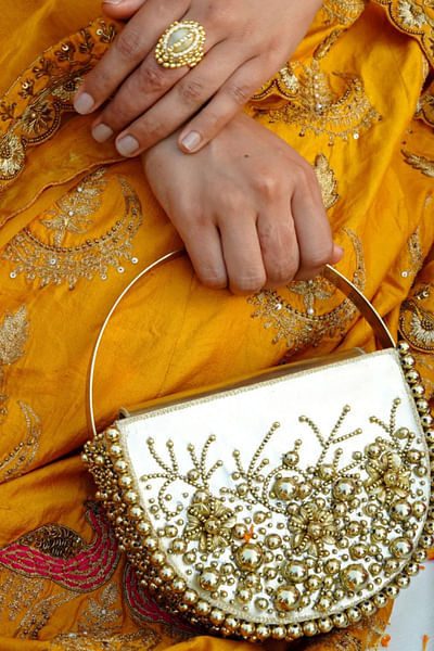 Gold metal bead embellished handbag