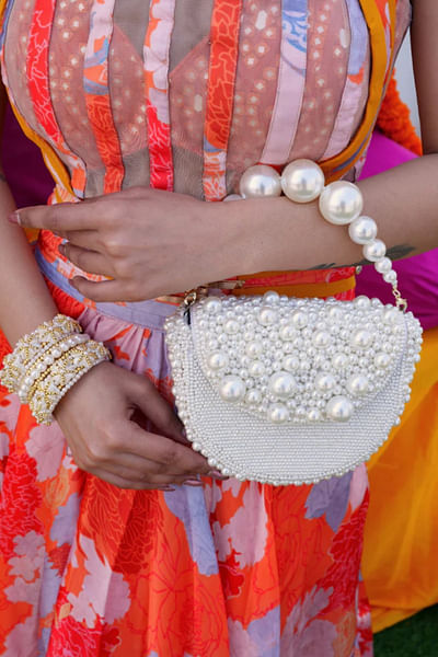 White pearl and bead embellished handbag