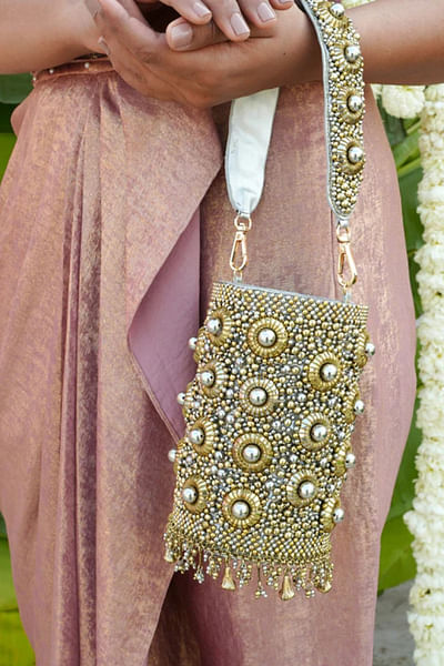 Antique gold bead embellished bucket bag