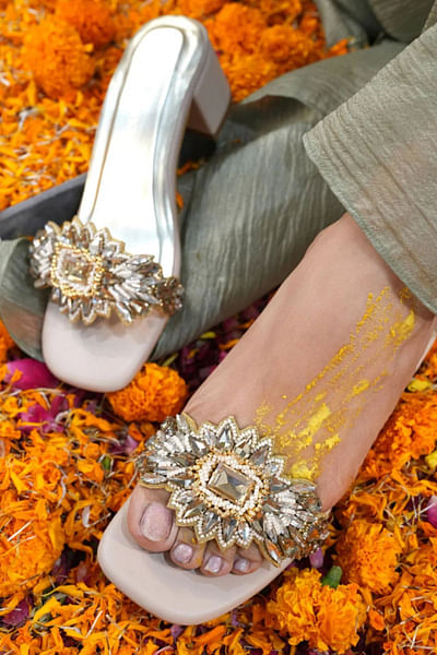 Gold mirror and stone embellished heels