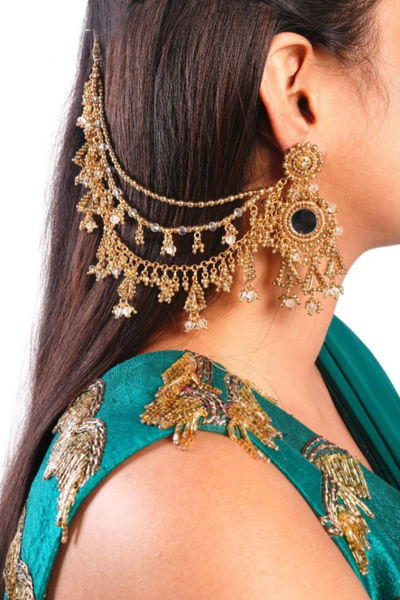 Gold bead embellished layered earrings