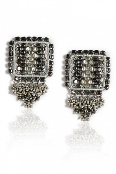 Metal bead embellished square drop earrings