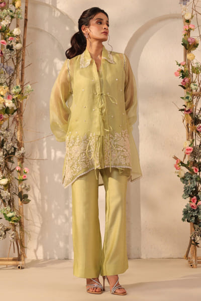 Green applique embroidery jacket set
