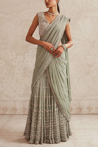 Pale green pre-draped sari set