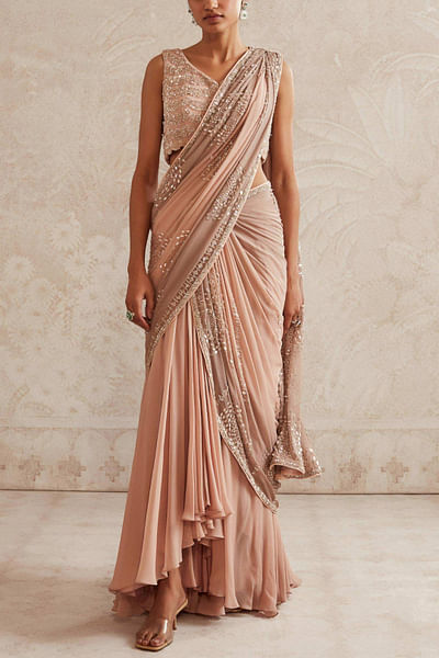 Peach embroidered concept sari set