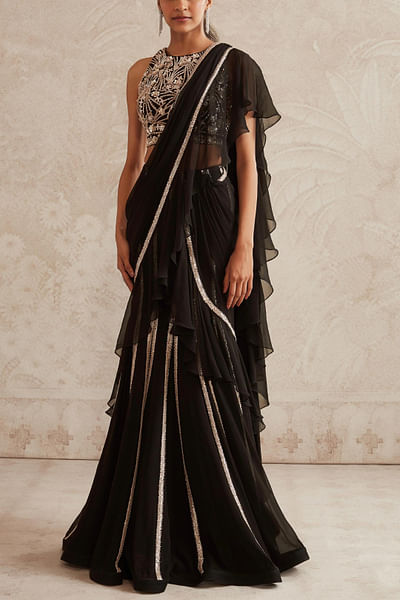 Black embroidered ruffle sari set