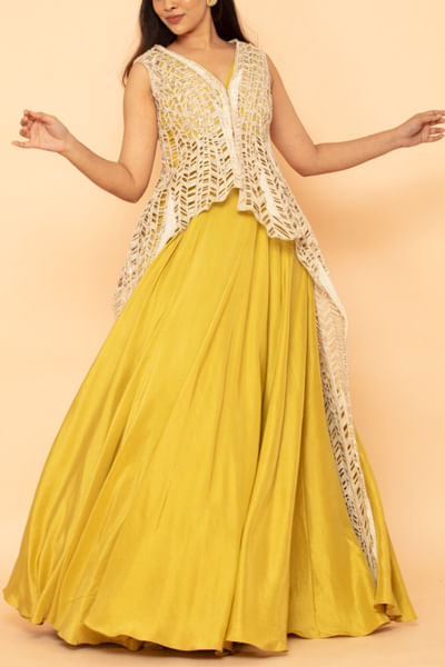 Ivory and citrus cutwork jacket and dress