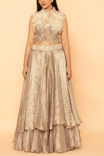Beige floral embroidered layered lehenga set