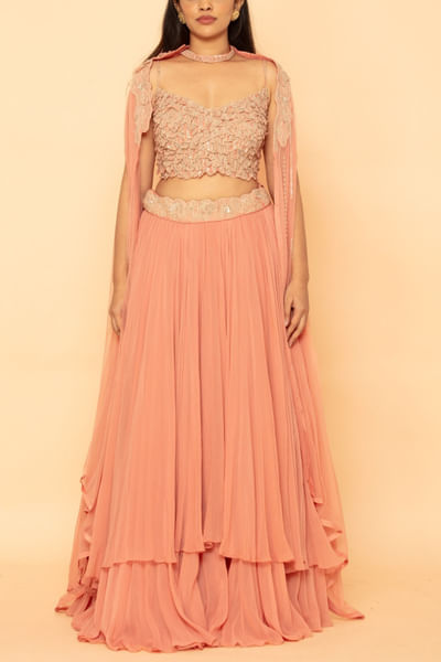 Rose embroidered cape and layered lehenga set