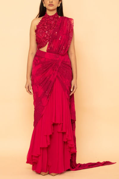 Fuchsia embroidered frilled pre-draped sari set