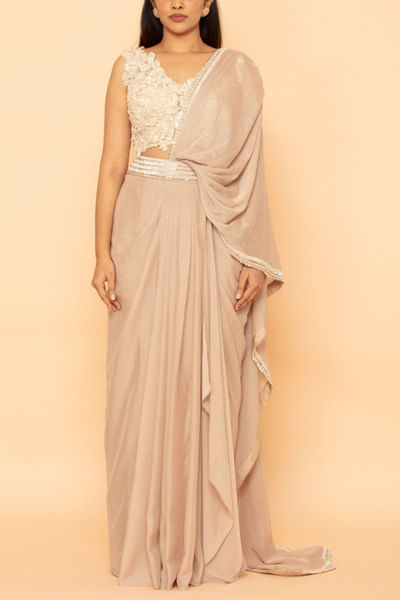 Ivory and beige embellished pre-stitched sari set