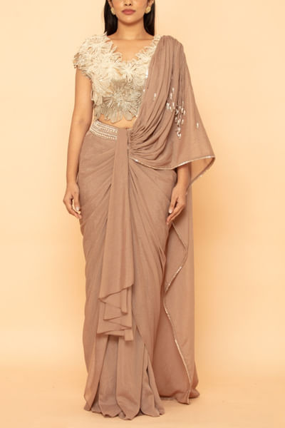 Stone brown tasselled pre-stitched sari set