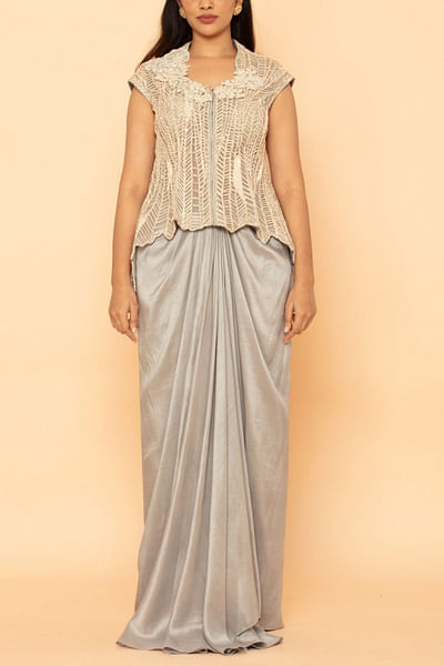 Powder blue embroidered jacket and draped skirt