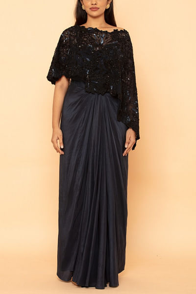 Midnight blue floral embellished cape and dress