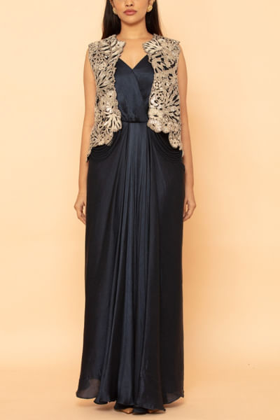 Midnight blue draped dress and cutwork jacket