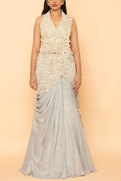 Powder blue embroidered pre-draped sari set