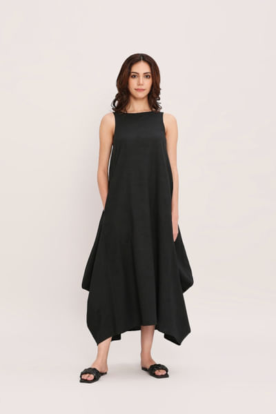 Black cotton cowl dress