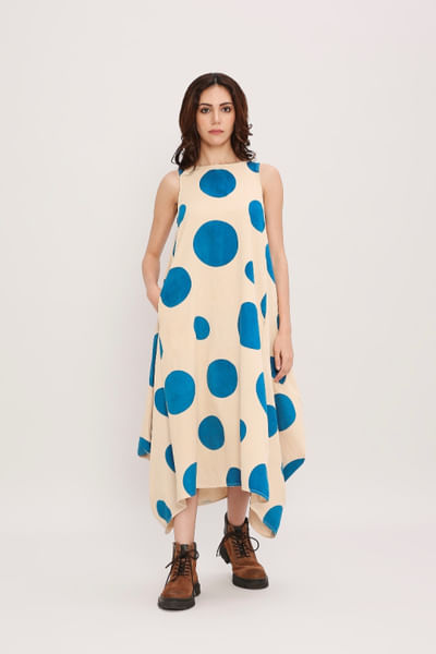 Blue polka-dot hand block printed cowl dress