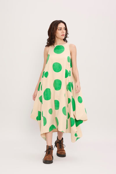 Green polka-dot hand block printed cowl dress
