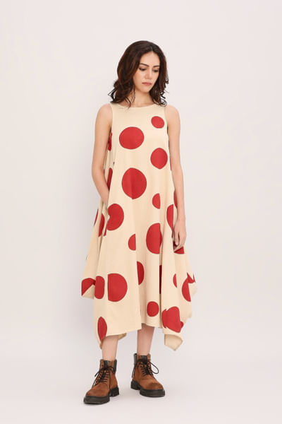 Red polka-dot hand block printed cowl dress