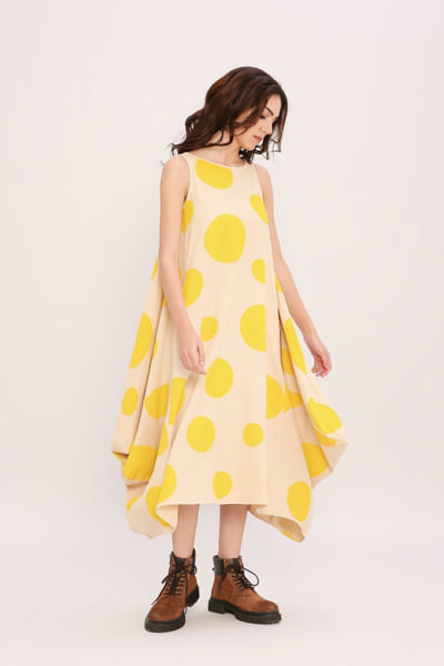Yellow polka-dot hand block printed cowl dress