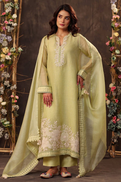 Green applique embroidery kurta set