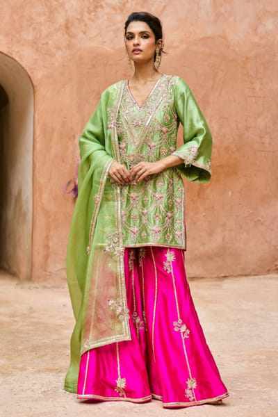 Vinita Bhansali Green and pink embroidered sharara set VINIAUG26D152192