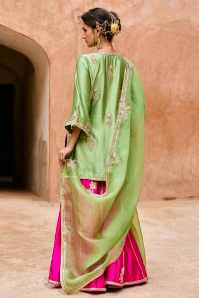 Vinita Bhansali Green and pink embroidered sharara set VINIAUG26D152192