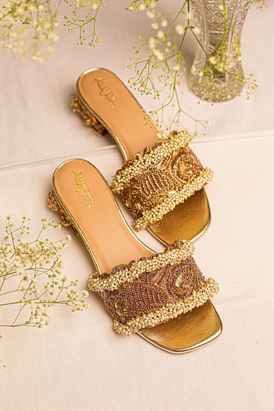 Gold thread and pearl embroidered block heels